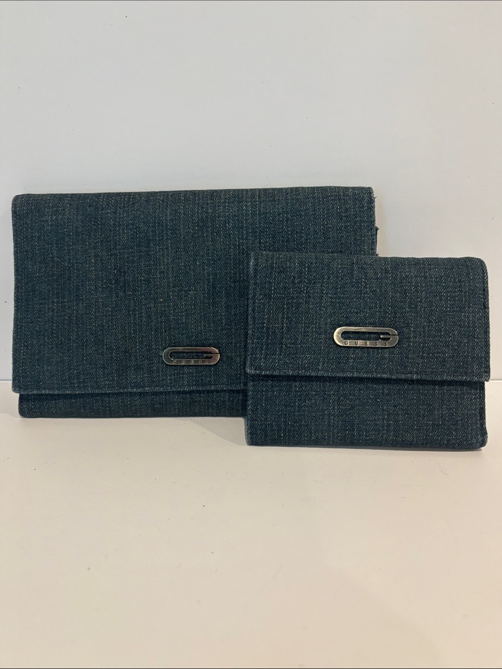 Vintage Y2K Authentic GUESS Dark Wash Denim Wallet & Clutch Matching Set